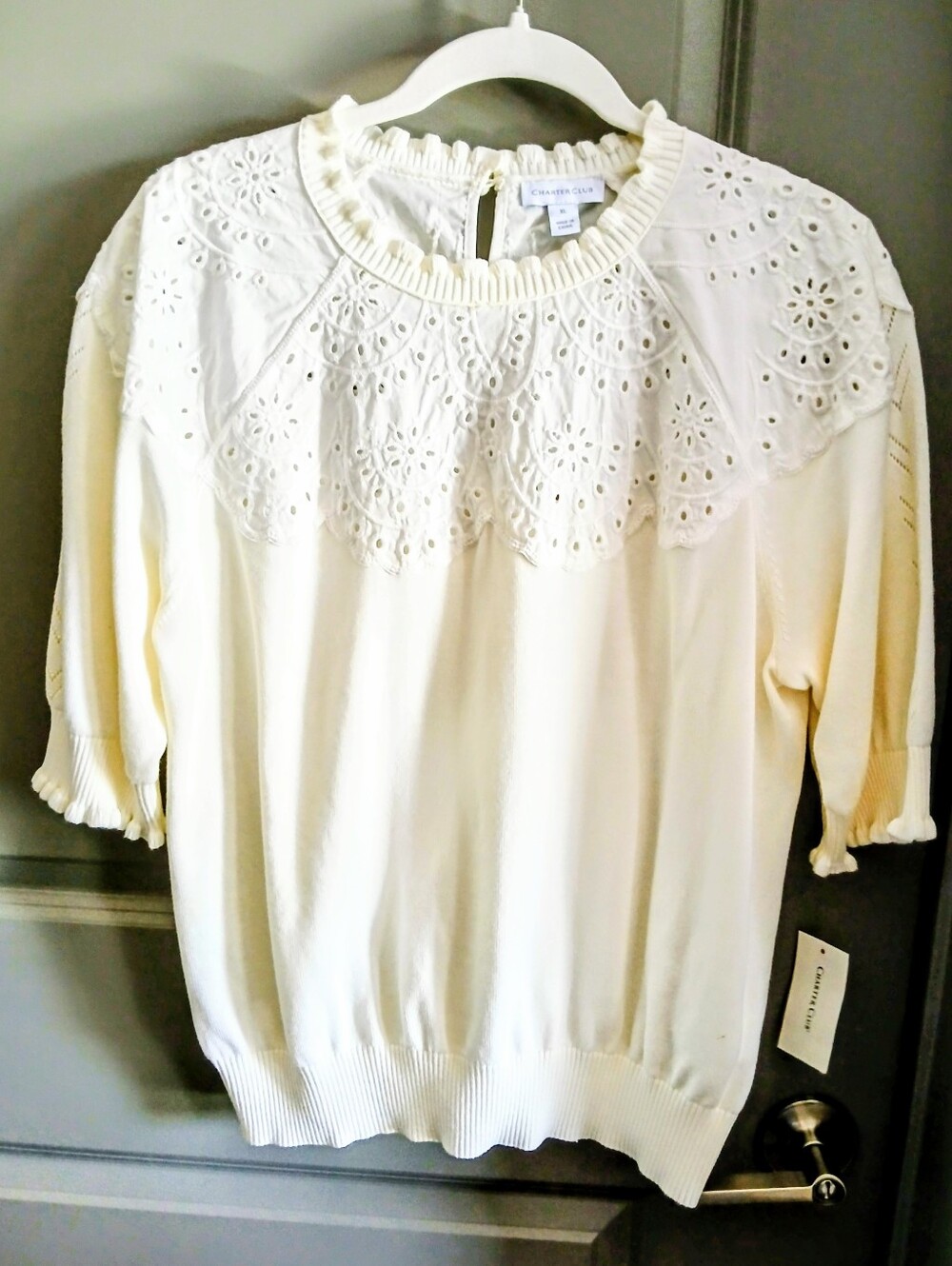 Charter Club Cream Eyelet Yoke Knit Top NWT Size XL